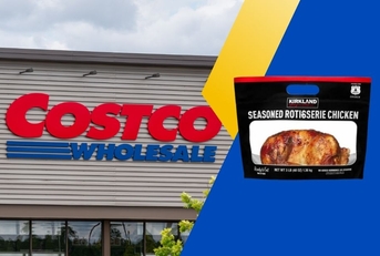 Costco storefront with rotisserie chicken collage