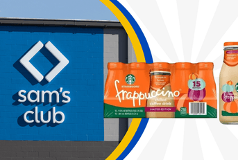 Collage of Sam&#x27;s Club storefront and case of Starbucks Frappuccino 