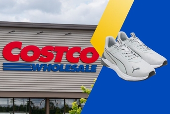Costco storefront with PUMA sneakers collage