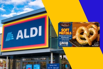Aldi storefront with soft pretzels collage