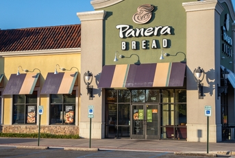 General view of the Panera Bread sign under blue skies