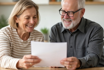 senior couple reads good financial news