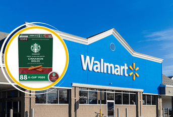 Collage of Walmart store front and Starbucks coffee product