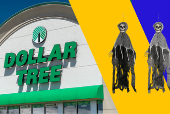 Collage Dollar Tree store front and Halloween hanging skeletons item