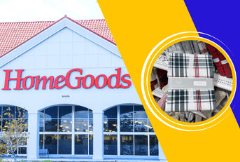 Collage of HomeGoods store front and plaid sheets 