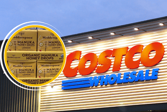 Collage of Costco store front and Manuka Honey Drop product