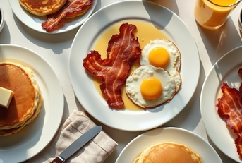 fried eggs and crispy bacon on white plates