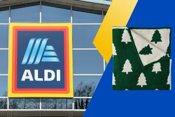 Aldi logo with holiday blanket collage