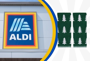 Aldi storefront with holiday hand towels collage