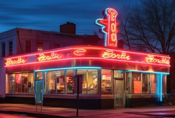 Classic neon sign glowing on a vintage diner facade