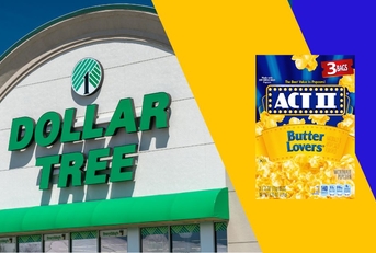 Dollar Tree storefront with popcorn box collage