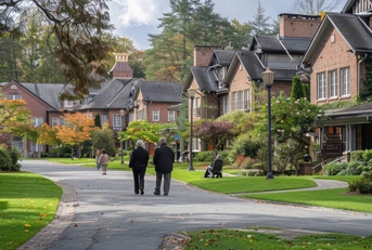 Senior couple walking around retirement community