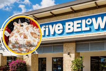 Collage of Five Below store front and holiday pajama product