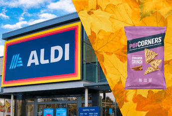 Collage of Aldi store, fall leaves, and a PopCorners product