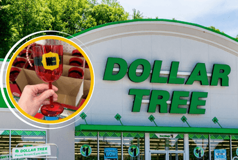 Collage of Dollar Tree storefront and product Santa belt red cup