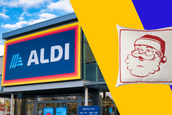 Collage of Aldi store front and Santa throw pillow product