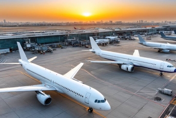 Airplanes parked on tarmac during sunset