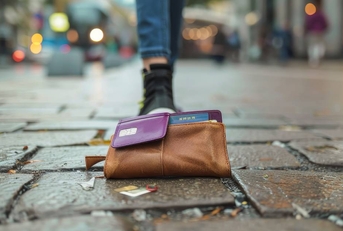 A misplaced brown leather wallet with visible credit cards lying on the rainy pavements of a city street 