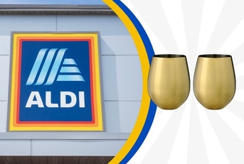 Aldi storefront with wine glasses