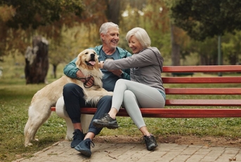 elderly couple on park bench with dog