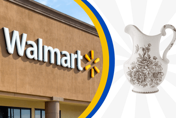 Collage of Walmart storefront and a porcelain pitcher product