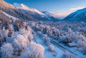 Alaska&#x27;s rustic landscape blanketed in snow