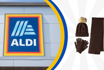 Collage of ALDI frontstore and a scarf and beanie set 