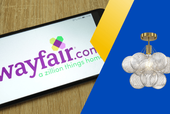 Wayfair site on the phone and chandelier product collage
