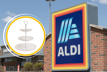 Collage of Aldi store logo and three tier serving platter product