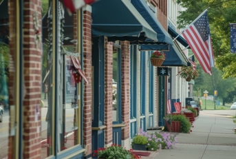 A small-town main street lined with storefronts