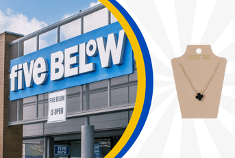 Collage of Five Below storefront and a jewelry product