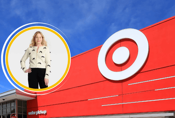 Collage of Target's storefront and a model wearing a sweater 