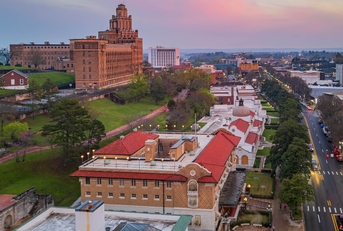 Sunset aerial view of the downtown Hot Springs