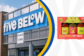 Collage of Five Below storefront and a hot sauce trio product