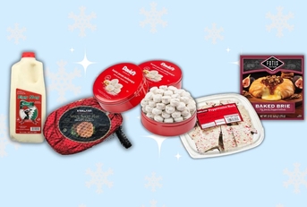 Collage of Costco Christmas foods on holiday background