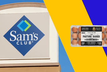 Sam's Club storefront and egg product collage