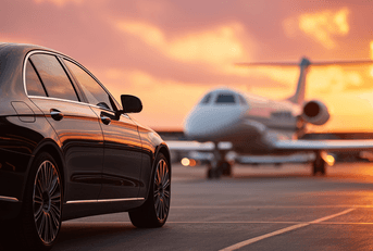 View of black luxury car with private white jet in the background