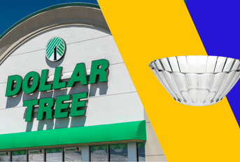 Collage of Dollar Tree storefront and clear bowl product