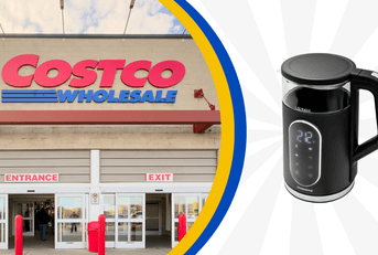 Collage of Costco's storefront and electric kettle product