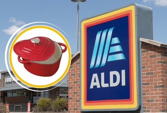 Collage of ALDI storefront and heart Dutch oven product