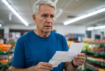 Worried senior man checks grocery bill in supermarket aisle looking shocked 