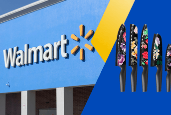 Collage of Walmart storefront and floral knife set
