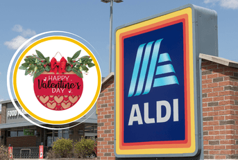 Collage of Aldi storefront and a Valentine's Day wreath decor 