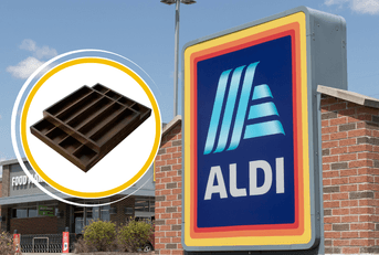 Collage of Aldi storefront and drawer organizer product