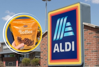 Aldi sign with toffee covered pretzels