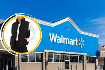 Collage of Walmart storefront and black puffer jacket product worn by model