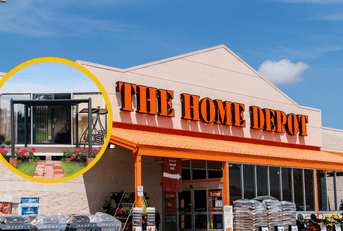 Collage of Home Depot store and a tiny house product