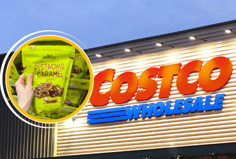 Collage of Costco's storefront logo and a snack product