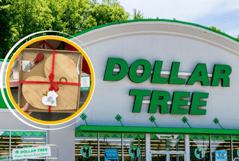 Dollar Tree storefront and heart charcuterie board product collage
