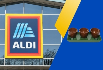 Aldi sign with football themed serving tray
